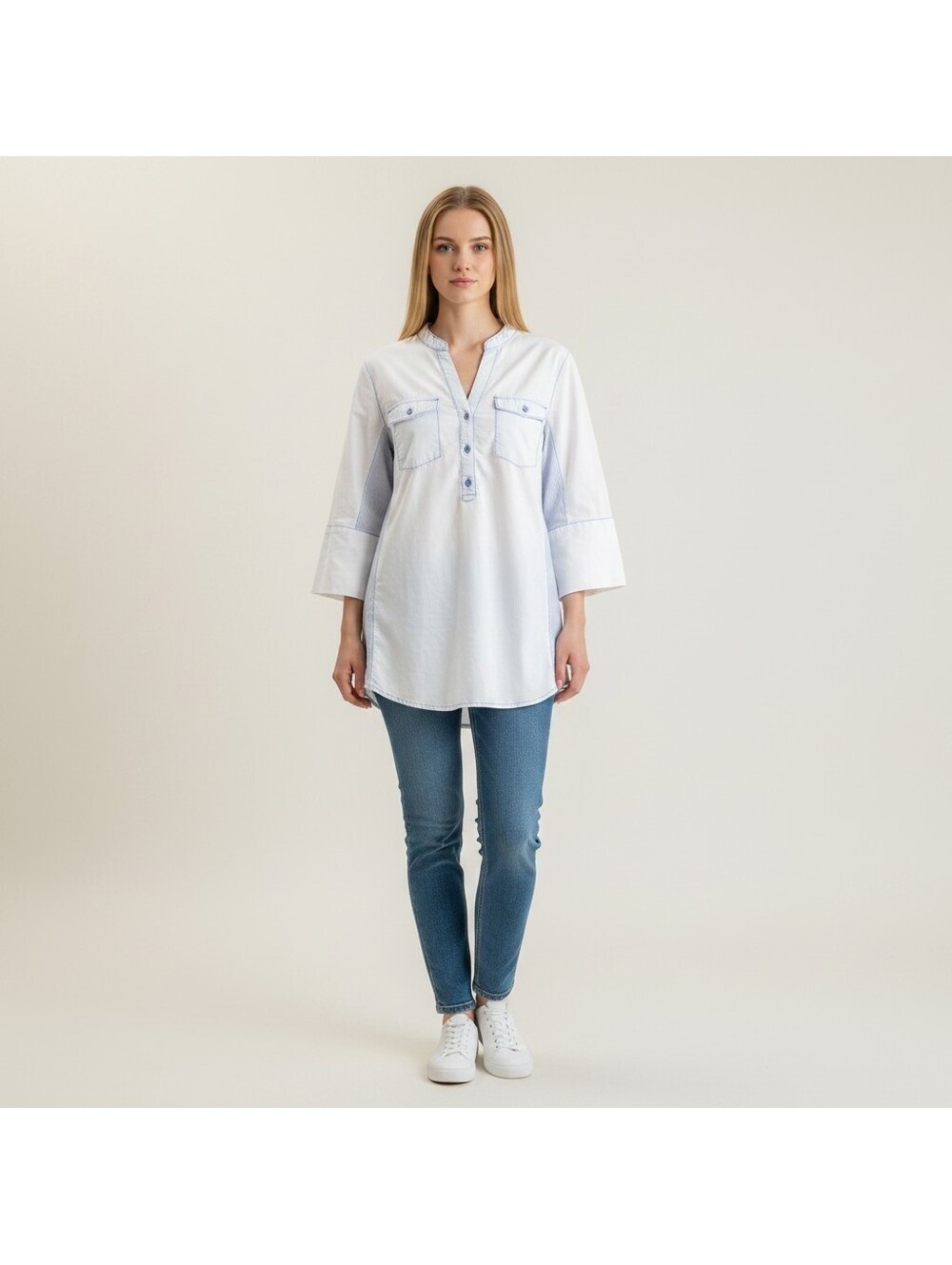Cavalini Blouse Women M Medium Blue V-Neck 3/4 Sleeve Pockets Cotton Button
